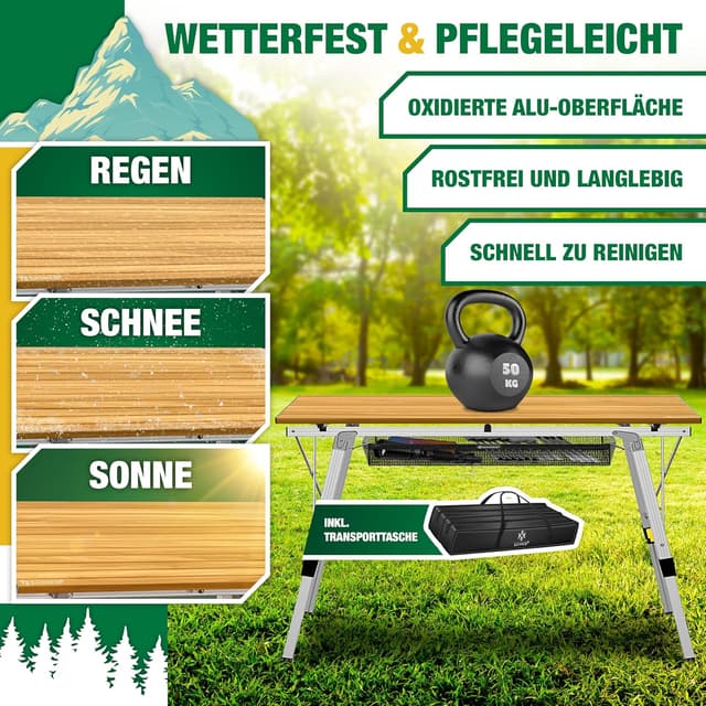 Detalle de KESSER® faltbarer Campingtisch mit Aluminiumrahmen, aufrollbarer Platte und Höhenverstellung (120 x 70 cm)