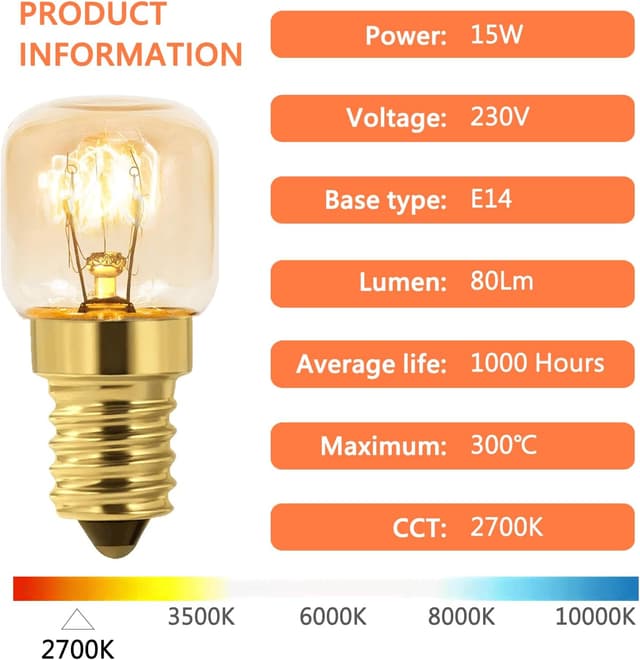 Detalle de Caldarax 10er-Set Backofenlampe E14, dimmbar (E14 T22) warmweiß 2700K, bis 300°C – Ersatzglühbirne für Ofen & mehr