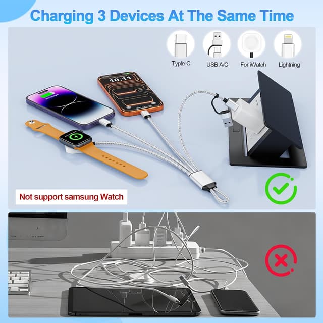 Detalle de 3 in 2 Apple Watch Charger Travel Cable (20 cm) with USB‑C/A to Apple Watch + iPhone/iPad/Android Charging