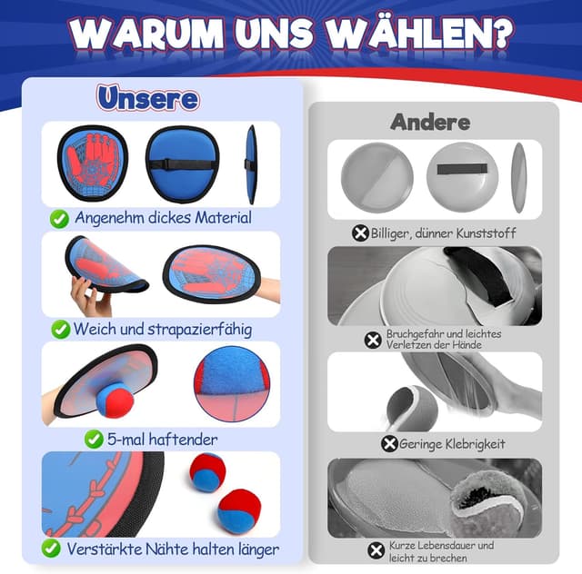 Detalle de Sunrad Klettballspiel mit 4 Fangscheiben und 4 Bällen – wasserdichtes Wurf- und Fangspiel für Kinder & Erwachsene