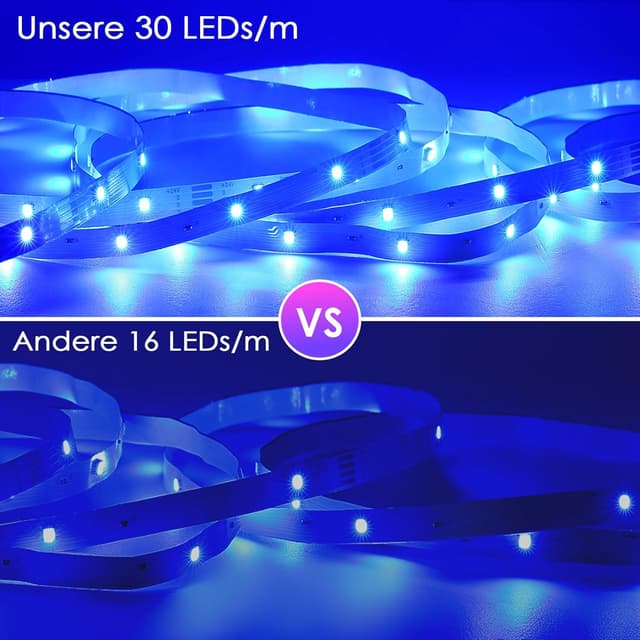 Detalle de HOVVIDA LED Strip 10 m (30 LEDs/m) – RGB mit App, Fernbedienung, Musik- und Timing-Modus