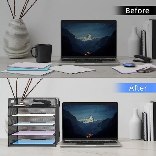 Detalle de SUPTIDY 5-Tray Paper Organiser with Handle (Mesh Desk File Organiser) – A4, Black