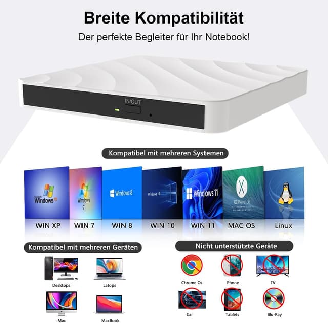 Detalle de Lettore CD/DVD esterno USB 3.0 Masterizzatore DVD per PC portatile (CD/DVD ±RW) compatibile Windows e macOS