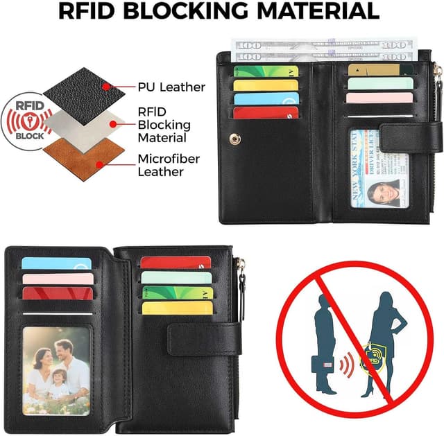 Detalle de RRANCharltu Damen-Geldbörse aus PU-Leder mit RFID-Schutz, grün – klein mit Reißverschluss und Münzfach