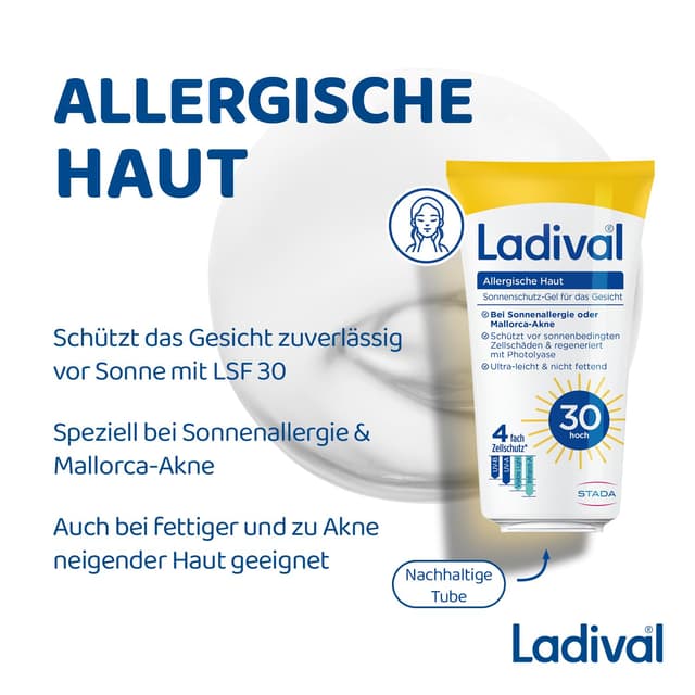 Detalle de Ladival Sonnenschutz Gel Gesicht LSF 30 – Sonnencreme für allergische Haut, Sonnenallergie & Mallorca-Akne, wasserfest (50 ml)