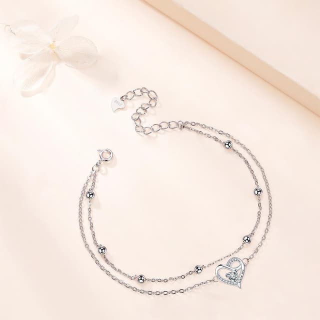 Detalle de J.MUEN Bracelet femme en argent sterling 925 avec double cœur et zirconias, réglable (17 cm + 4)