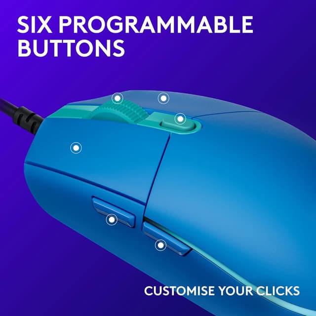 Detalle de Logitech G203 LIGHTSYNC Gaming Mouse (Blue) with Customisable RGB, 6 Programmable Buttons & 8K DPI Tracking
