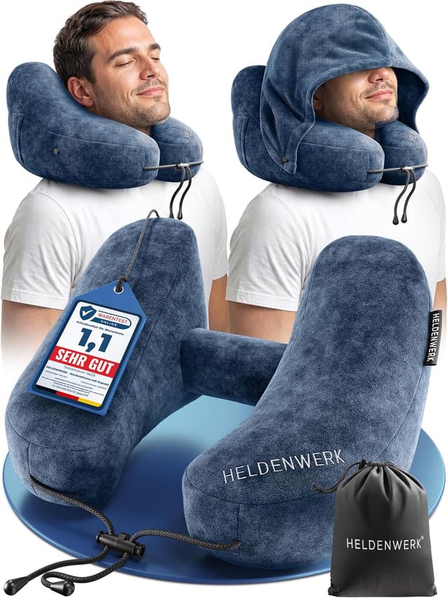 Detalle de HELDENWERK® Air Nackenkissen Flugzeug – aufblasbares Reisekissen für bis zu 5 Schlafpositionen