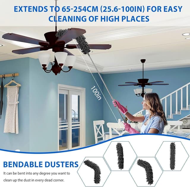 Detalle 2 de Feather Duster 7-piece extendable, bendable, washable cobweb brush kit (up to 100 inches) – Grey