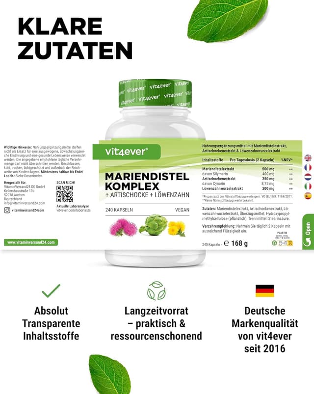 Detalle de Mariendistel Artischocken Löwenzahn Komplex – 240 Kapseln (4 Monatsvorrat) mit 80% Silymarin & 2,5% Cynarin