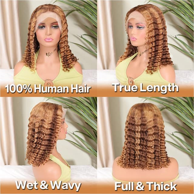 Thumbnail 2 de HIRIREMY Curly Bob Wig Deep Wave 13x4