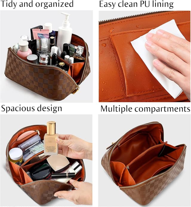 Detalle 2 de Hurluksi PU Travel Makeup Bag with Dividers and Handle (Brown) – Large Capacity Cosmetic Case