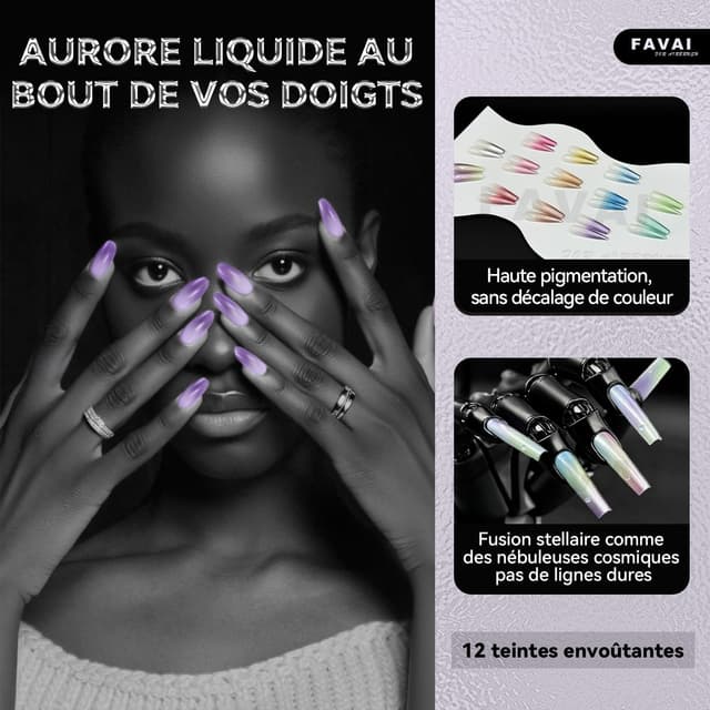 Detalle de FAVAI Aurora Collection (#A) Airbrush Gel – Set de 12 couleurs métalliques iridescentes (baby boomer)