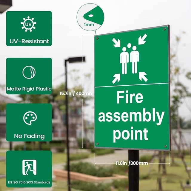 Detalle 2 de Detailing Garage Fire Assembly Point Sign (400 x 300 x 1mm) – Matte Rigid Plastic Outdoor Safety Sign with 4 Pre-Drilled Holes