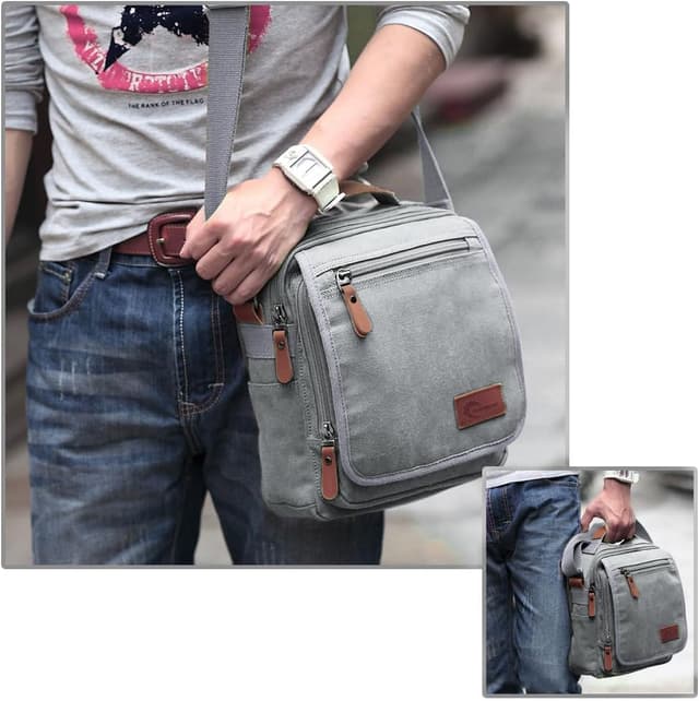 Detalle de CHEREEKI Canvas Bag Messenger Shoulder Bag with Multiple Pockets (holds 10-inch tablet)