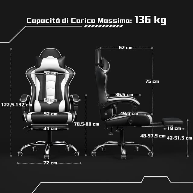 Detalle de Yaheetech sedia da gaming ergonomica massaggiante con poggiapiedi reclinabile e supporto lombare