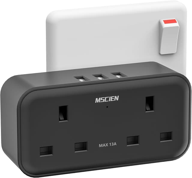 Detalle de Double Plug Adaptor 13A MSCIEN 4 AC Outlets and 3 USB Wall Extension (Black)