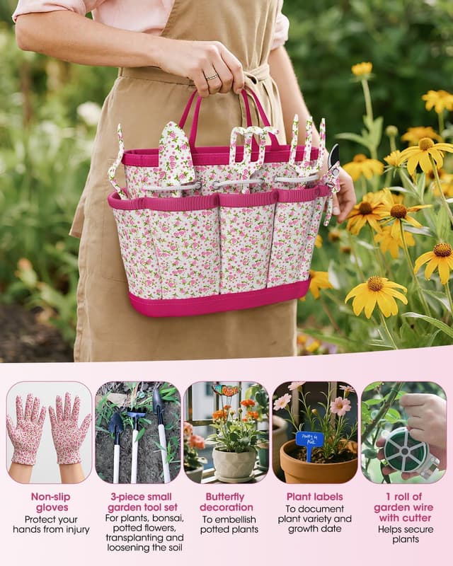 Detalle 1 de MYMULIKE 26-Piece Floral Gardening Tools Set for Women (Gloves & Handbag Gift Box)