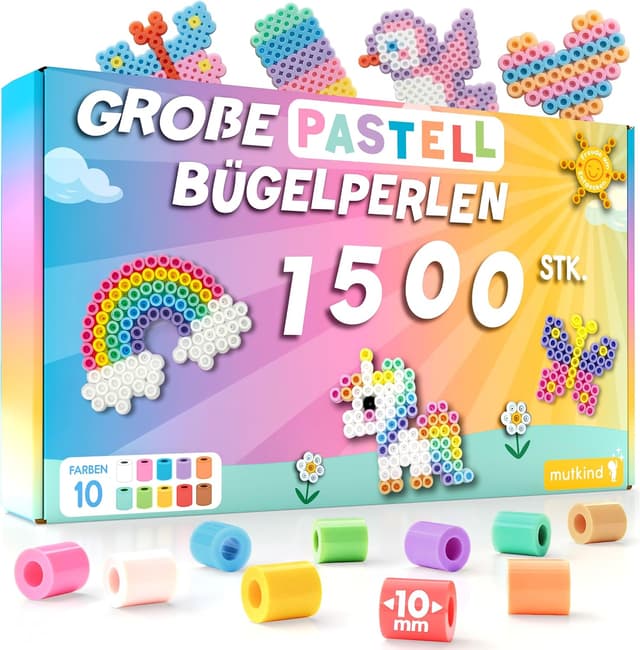 Detalle de MUTKIND® XL Bügelperlen-Set 10 mm (1500 Stück) Pastellfarben – inkl. 50 Vorlagen zum Download