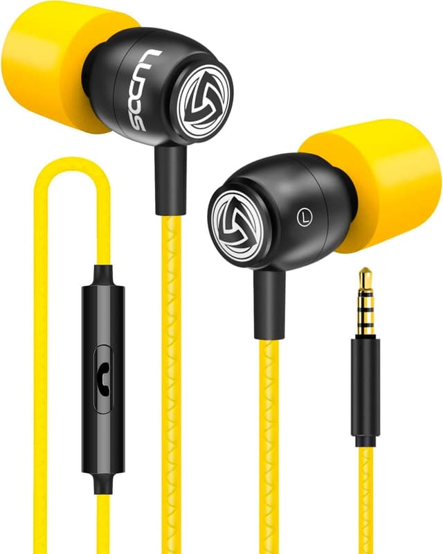 Detalle de Ludos CLAMOR Wired Earbuds with Microphone (Noise Isolating, Memory Foam) – Yellow