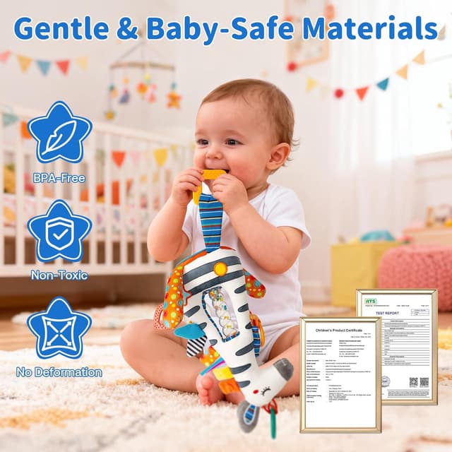 Detalle 2 de Funsland pram toys for babies (0–6 months) clip-on car seat stroller activity plush with hanging rattle