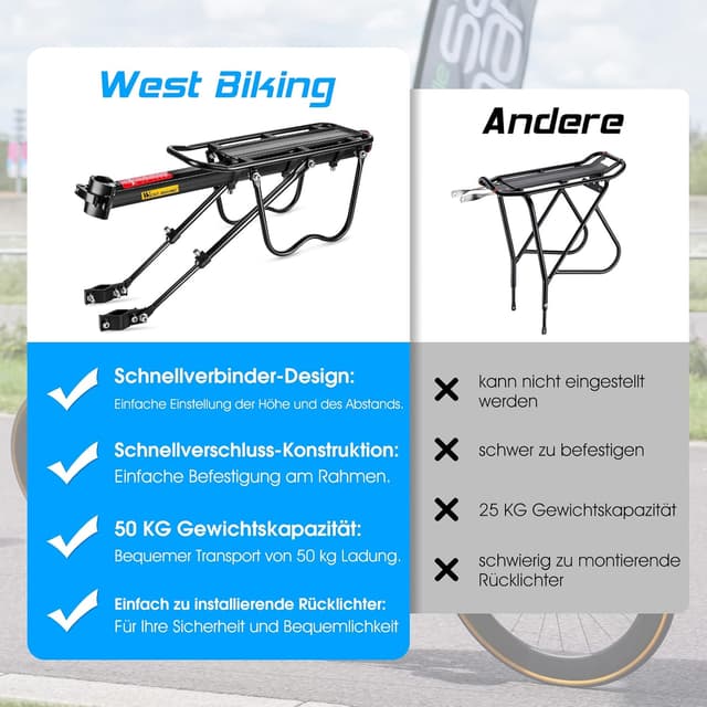 Detalle 2 de West Biking Gepäckträger fürs Mountainbike (hinten) aus Aluminium, bis 50 kg, Schnellmontage an der Sattelstütze