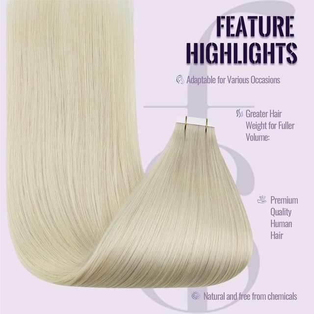 Detalle de Fshine Extensiones Adhesivas de Pelo Natural 12" Rubio Blanco 🌟