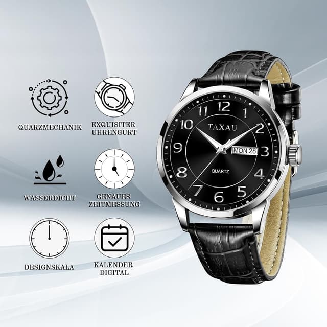 Detalle 2 de Taxau Herren-Armbanduhr mit Quarz, wasserdicht (30 m) und großem Zifferblatt – mit Tag/Datum
