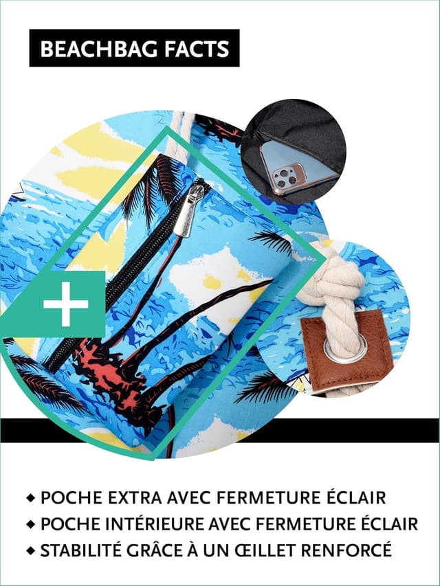 Detalle de DonDon Grand sac de plage avec fermeture à glissière – sac shopping à bandoulière XXL
