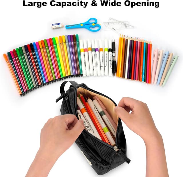 Detalle 2 de FINPAC trousse scolaire en velours côtelé (24 x 7 x 13,5 cm) avec poche zippée et dragonne — noir