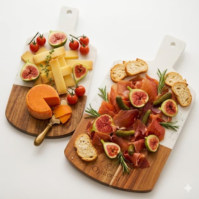 Detalle 2 de Ensemble OYATERRA® de 2 planches apéritif bois & marbre (acacia FSC) pour plateau fromage, charcuterie et service