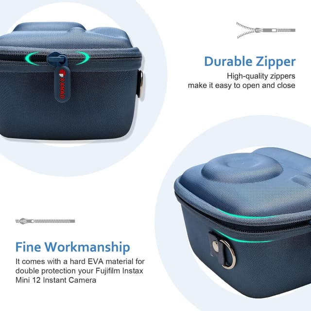 Detalle de XANAD Hart Schutz Hülle für Instax Mini 12/11/9 & Co. – Etui mit 360°-Reißverschluss (Blau)