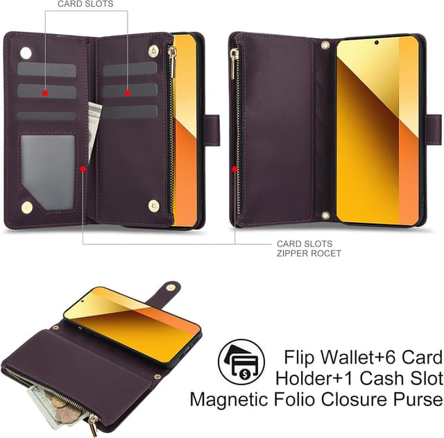 Detalle de Asuwish Phone Case for Xiaomi Redmi Note 13 5G with Tempered Glass, Zipper Wallet & Kickstand