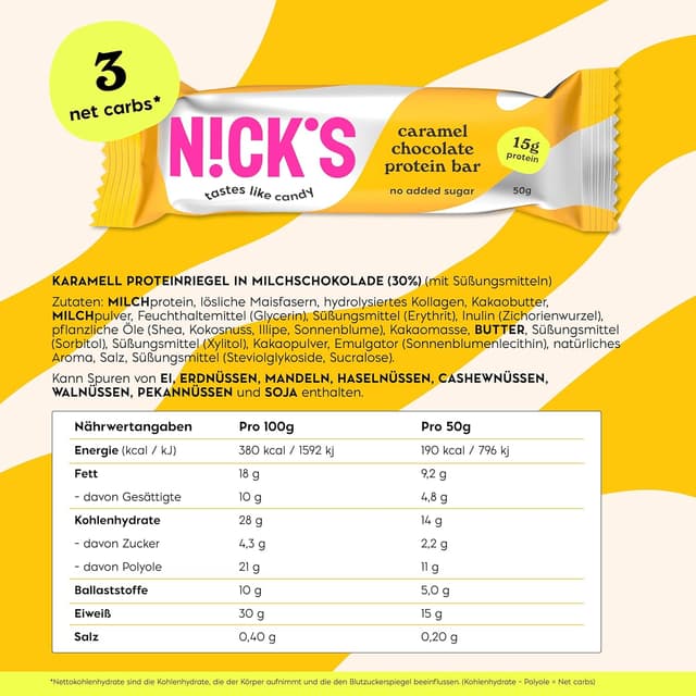 Thumbnail 1 de NICKS Protein Riegel Karamell Schokolade 12×50g 🍫