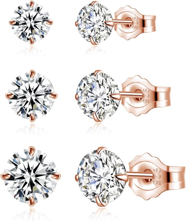 Detalle de Loutade silver stud earrings set for women: 3 pairs of 925 sterling silver heart studs (3/4/5mm) with cubic zirconia