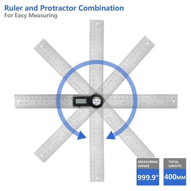 Detalle de Règle d’angle numérique Preciva Rapporteur (400 mm) : écran LCD, maintien et mesure 0–999,9°