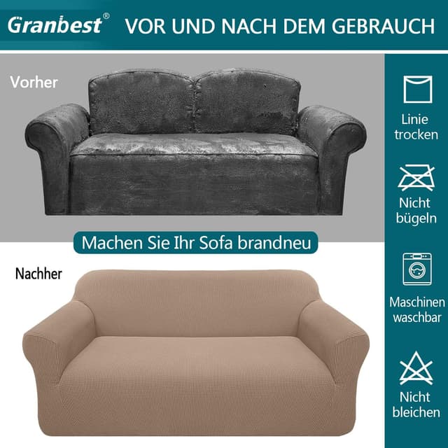 Detalle 1 de Granbest copridivano elasticizzato ad alta elasticità con fondo antiscivolo (3 posti) in jacquard color sabbia