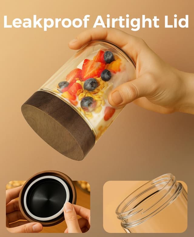 Detalle de Osfel 16oz 4-Pack Overnight Oats Containers with Acacia Wood Airtight Lids (Glass Mason Jars)