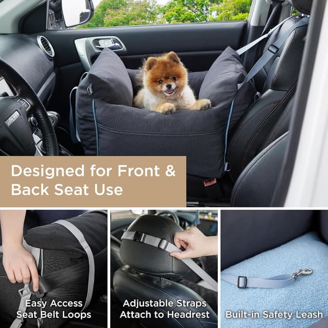 Detalle 2 de Lesure Dog Car Seat for Medium Dog (Waterproof Booster) with Storage Pockets, Clip-On Leash & Memory Foam Filling – Tornado, 58x56x33cm