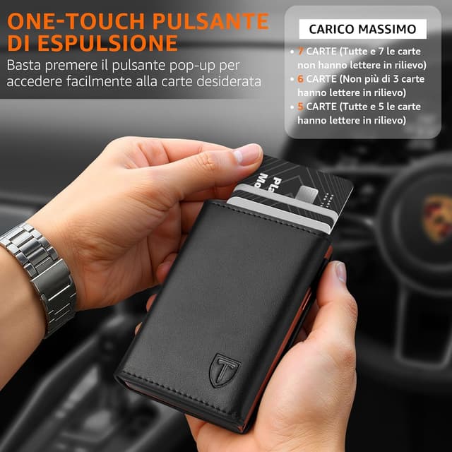Detalle de TEEHON Portafoglio Uomo Slim con RFID, pop-up carte, portamonete e scomparto banconote (arancione/nero)