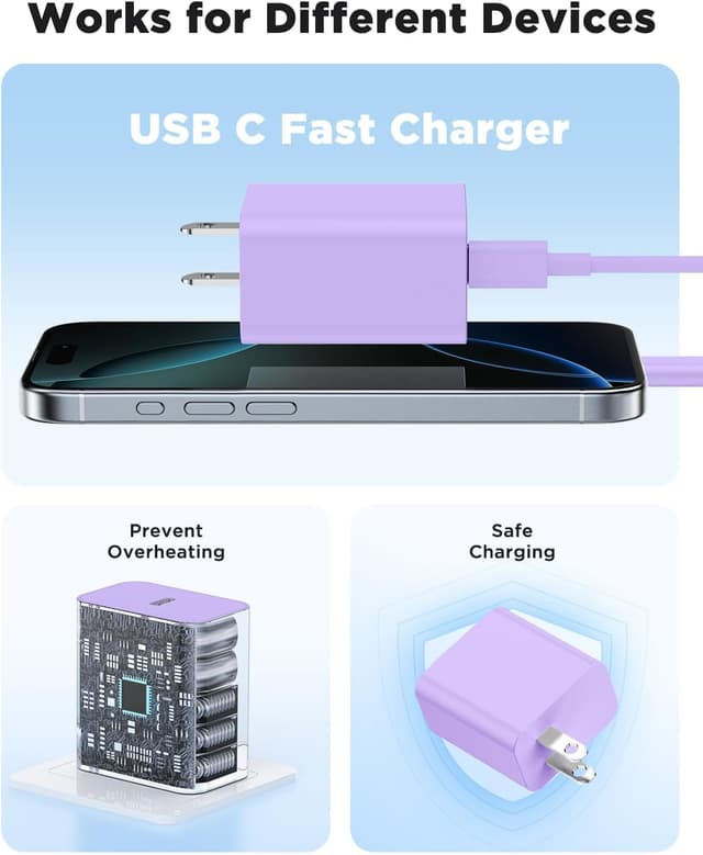 Thumbnail 6 de 45W PD 3.0 iPhone Charger with Super Fast USB-C Cable (6FT/10FT/10FT) — Purple