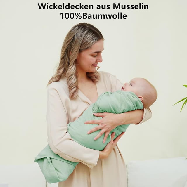 Detalle 2 de Baby Pucktuch Musselin-Wickeldecke (104x94 cm), 100 % Baumwolle – atmungsaktiv zum Einwickeln, Stillen & mehr (Hellgrau & grün)