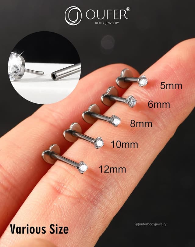 Detalle de OUFER barre labret / piercing lèvre en titane avec écrous push-in, 16G (5/6/8/10/12 mm) pour helix, tragus et cartilage