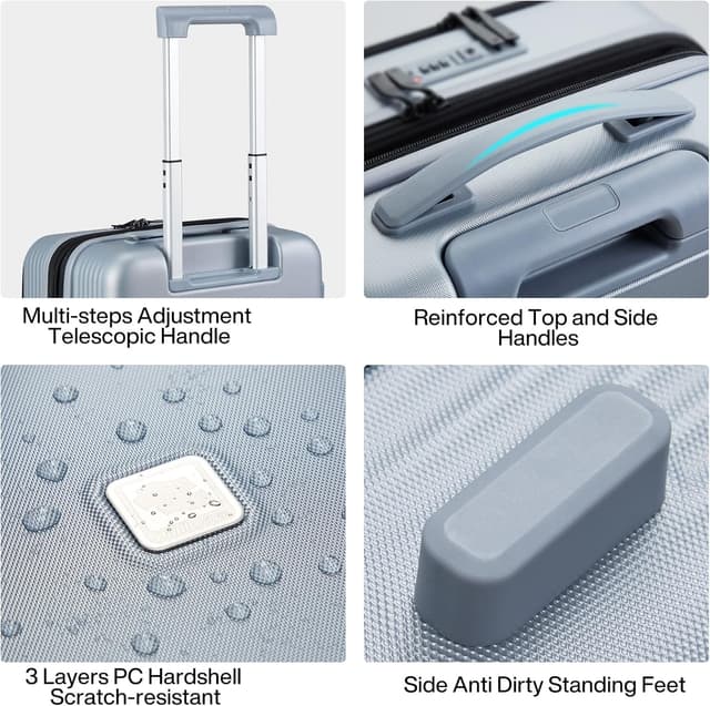 Thumbnail 6 de Hanke 20 inch expandable cabin luggage hard shell case with laptop compartment, spinner wheels and combination lock (Grey)