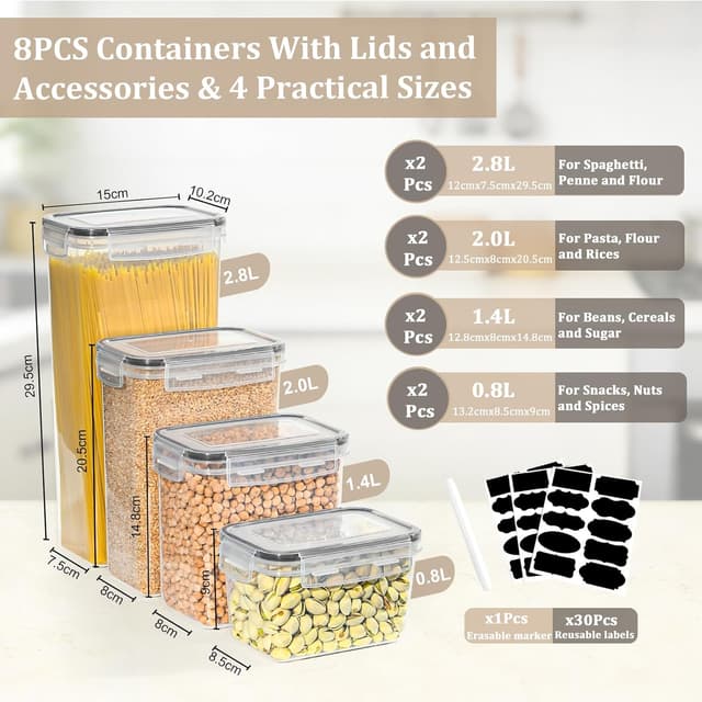 Detalle de GoMaihe Vorratsdosen 8er-Set (2,8/2,0/1,4/0,8 l) luftdicht mit Deckel für Küche & Tierfutter