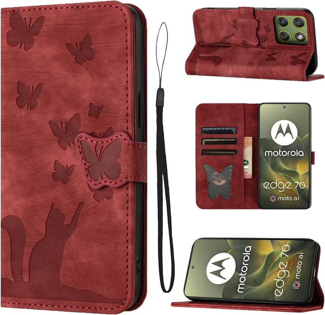 Detalle de LSPCASA Handyhülle für Motorola Edge 70 (6,7 Zoll) – PU Flip-Case mit Kartenfächern und Standfunktion, Schmetterlingskatze rot
