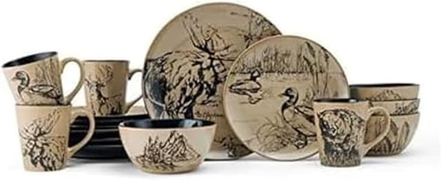 Detalle de Mossy Oak Animal Print 16-Piece Dinnerware Set (Service for 4) in Black and Beige