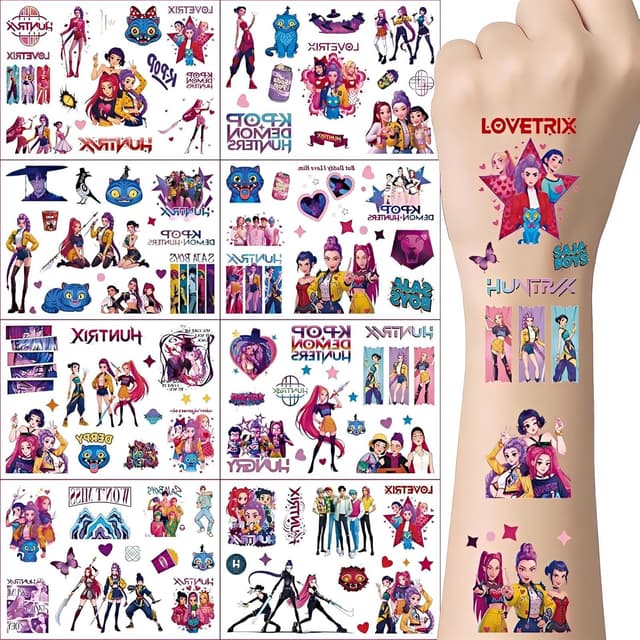 Detalle 2 de ROMANVIC Demon Hunter K-Pop Tattoo Kinder – 8 Blatt temporäre Klebetattoos (180+ Motive) für Geburtstag & Party