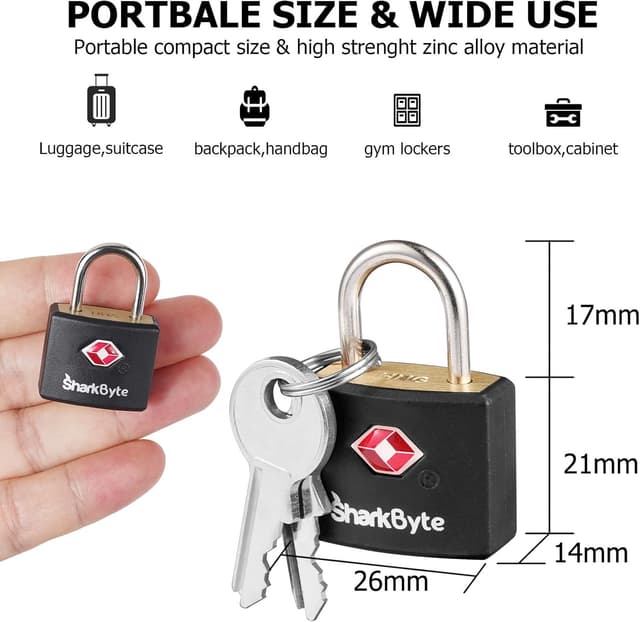 Detalle 2 de SHARKBYTE SharkByte TSA Approved Suitcase Locks with Keys (4 Pack, mix colours) — keyed travel padlocks