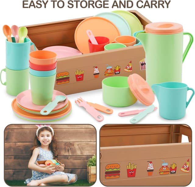 Detalle 2 de RUIDYA Play Kitchen Accessories 37-piece pretend tea party set with carry basket